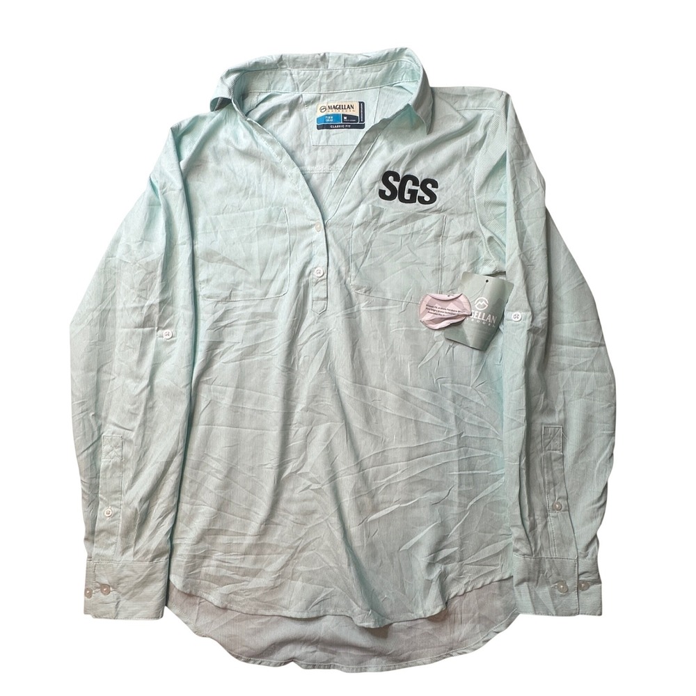 Magellan Fishing‎ Shirt Womens M Mint Aransas Pass Fish Gear Stripe Roll-Tab SGS